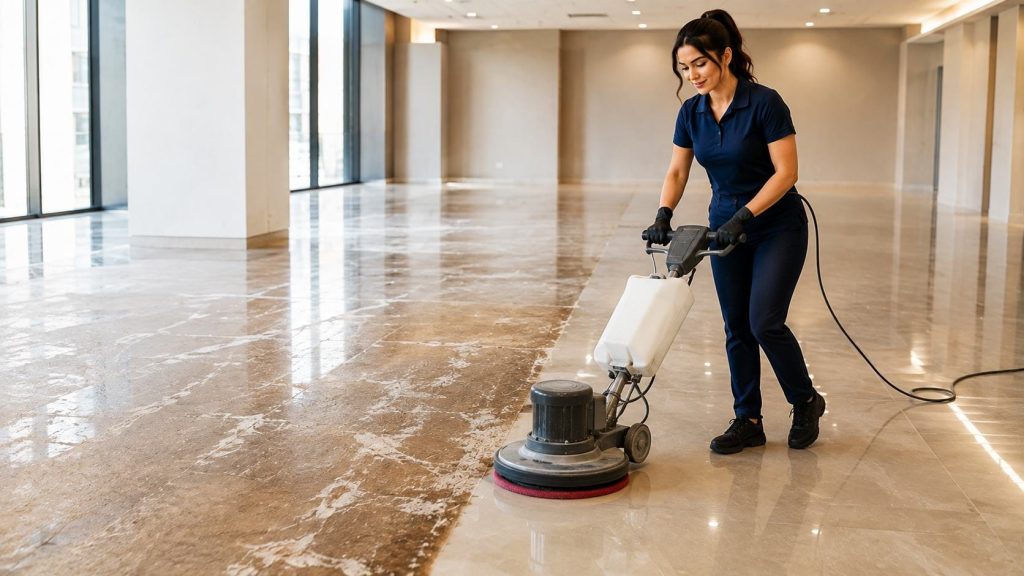 floor wax removal on a freshly stripped commercial floor