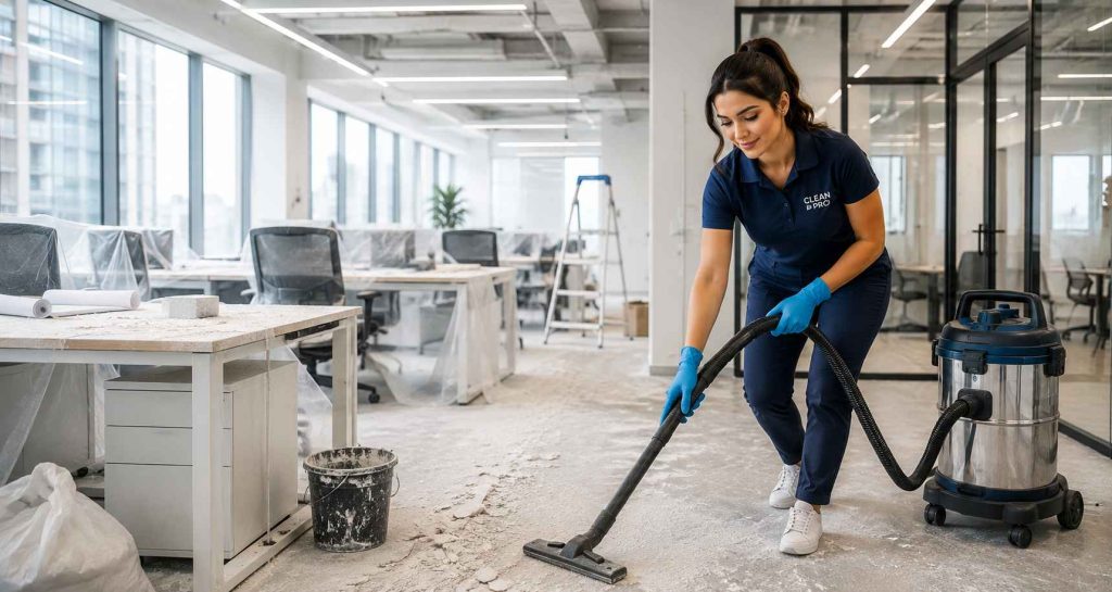 Office renovation cleaning showing clean floors and dust-free vents